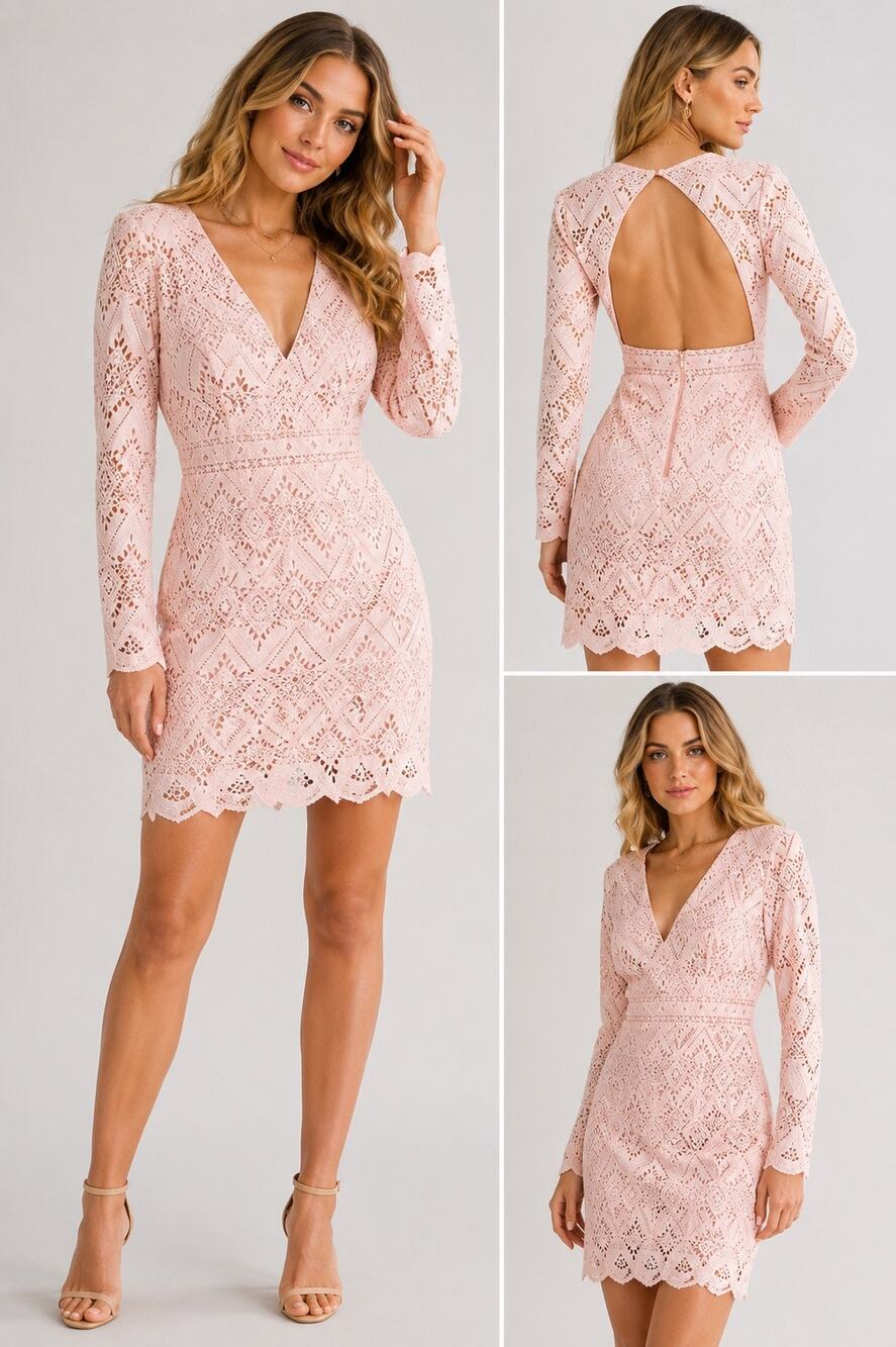 StyleStalker Pale Pink Geometric Lace Open Back Mini Dress XS